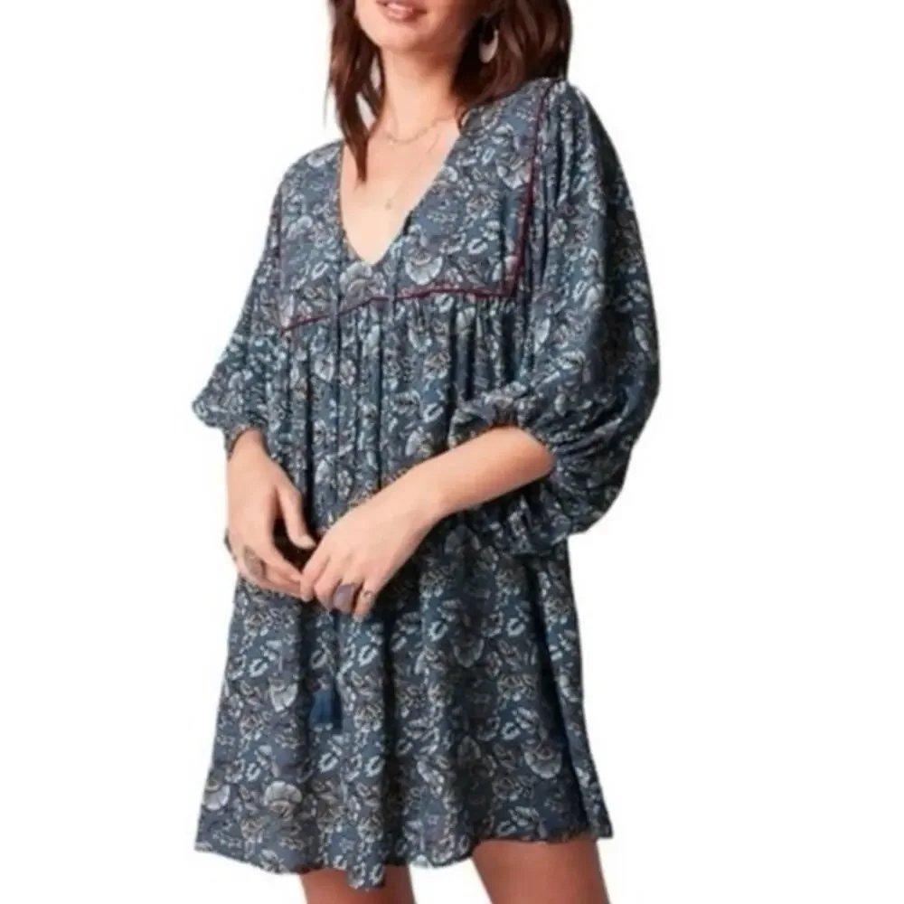 Band of the Free puff sleeve pocket short mini dress Aqua Teal floral BOG Small - Picture 3 of 16